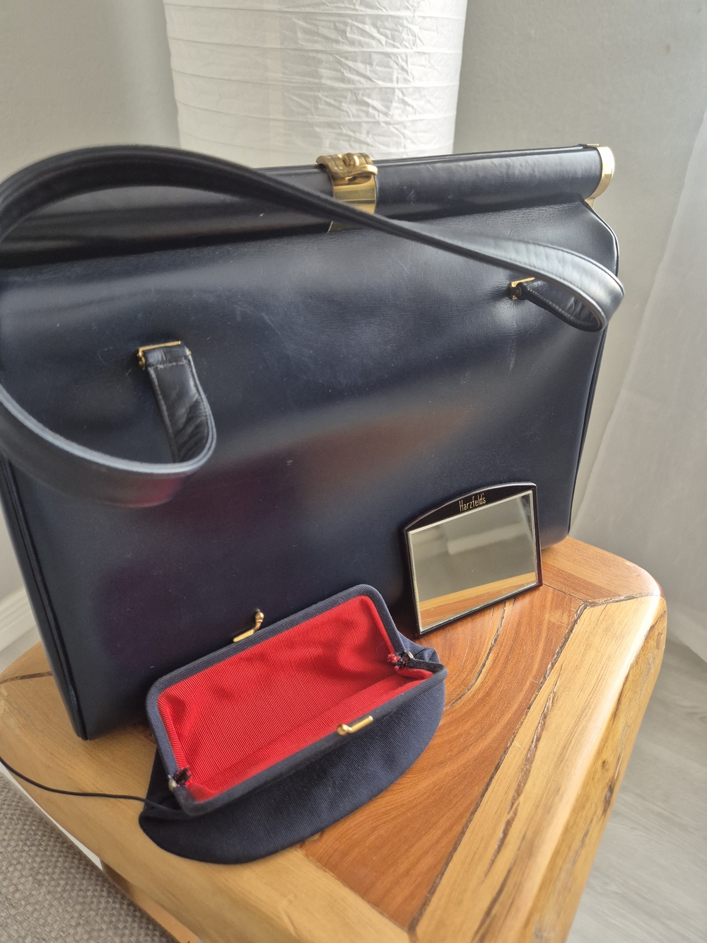 Vintage Navy Leather Top-Handle Briefcase with Red Lined Coin Pouch And Mirror